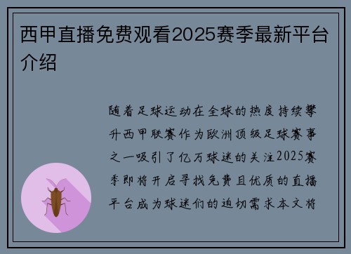 西甲直播免费观看2025赛季最新平台介绍